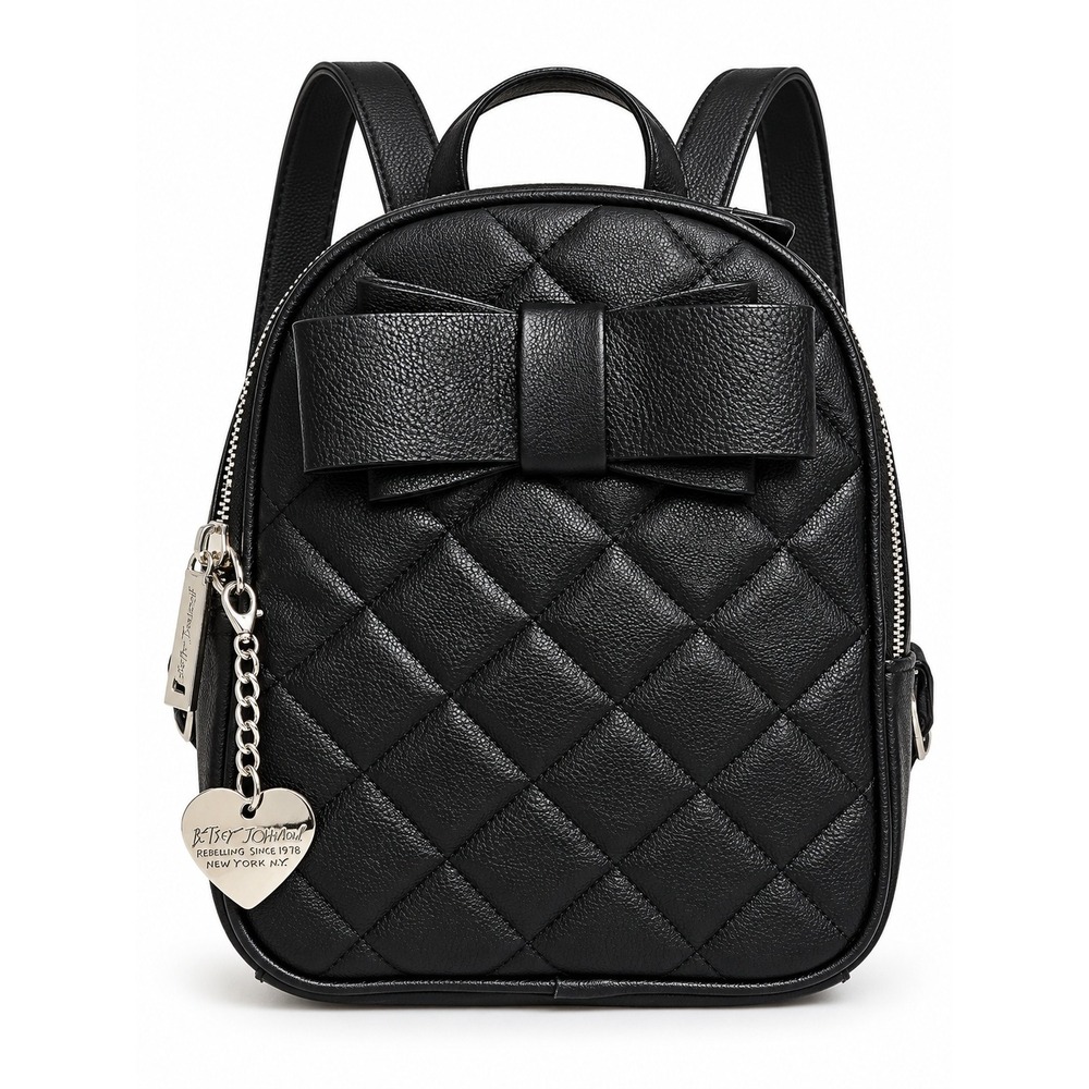 Betsey Johnson Be Mine Black Quilted Bow Mini Backpack Heart Charm